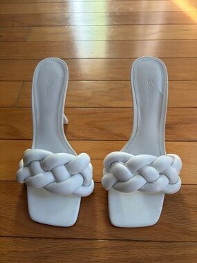 Mango White Braided Square-Toe Slide Mules
